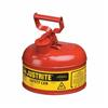 Justrite 7110100 Type I Safety Can With Full Fisted Grip Handle, 1 gal, 9-1/2 in Dia x 11 in H, Galvanized Steel, Red