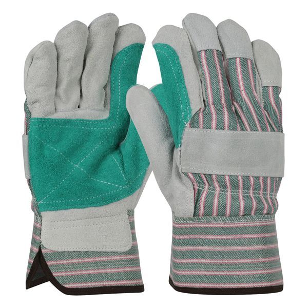 West Chester 500DP Double Palm Leather Palm Gloves, Women's, Split Cowhide Leather Palm, Green/Pink Stripe Back