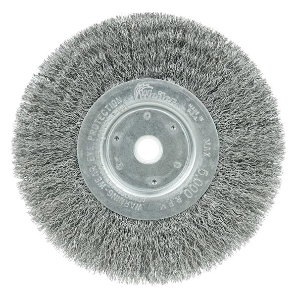 Weiler 01055 Narrow Face Wire Wheel Brush With Arbor Hole, 6 in Dia x 3/4 in W, 5/8 to 1/2 in, 0.0104 in Crimped Wire