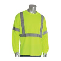 PIP 313-1300-LY-3X Crew Neck, Long Sleeve High Visibility T-Shirt, 3XL, 31-1/2 in L, Lime Yellow