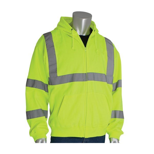 PIP SafetyGear Premium High Visibility Sweatshirt With Hood, 3XL, 29.9 in L, Yellow, Wicking Polyester
