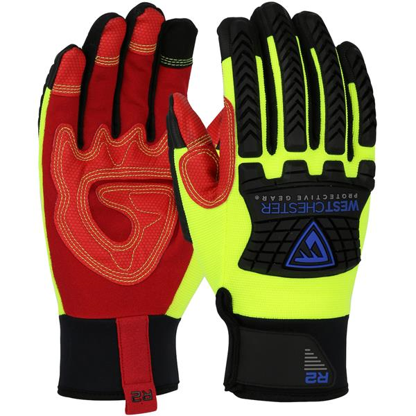 PIP 87810/L - PIP® Rugged Rigger™ 87810/L Unisex General Purpose Gloves, Coated/Work, Full-Finger Style, L, Synthetic Leather/Silicone Palm, Synthetic Leather/Spandex®, Black/H-Viz Yellow/Red, Band Top Cuff, Silicone Coating, Resists: Oil and Impact, Unlined Lining